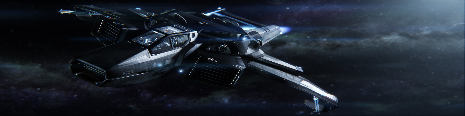 A box-chassis fighter on the burn in deep space.